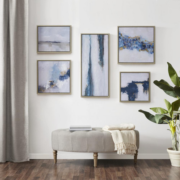 Abstract 5-piece Gallery Framed Canvas Wall Art Set - Modern Design, Blue Drift, Artists Edith Phelps and Zelda Crane