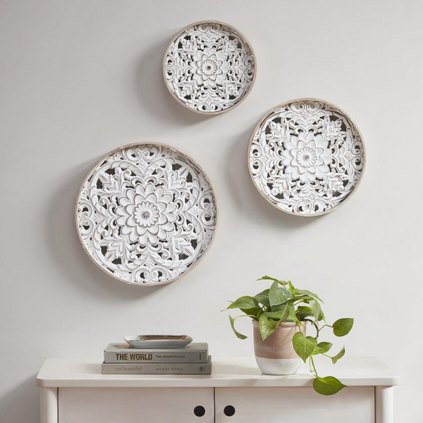 Wood Wall Decor 3PC Set - Natural/White | Vintage and Globally Inspired Design