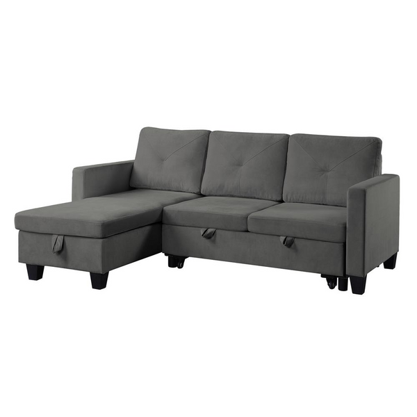 Nova Dark Gray Velvet Reversible Sleeper Sectional Sofa with Storage Chaise - Ideal for Small Spaces