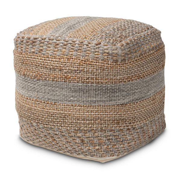 Grange Moroccan Inspired Natural and Grey Handwoven Hemp Pouf Ottoman - Versatile, Stylish, and Eco-Friendly