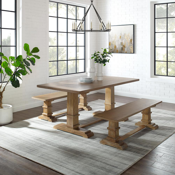 Joanna 3Pc Dining Set Rustic Brown - Modern Farmhouse Table & 2 Benches