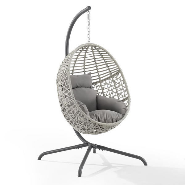 Lorelei Indoor/Outdoor Wicker Hanging Egg Chair with Stand - Gray/Light Gray | Cozy Boho Chic Seating