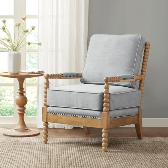 Madison Park Donohue Accent Chair - Dusty Blue Upholstery, Bronze Nail Head Trim, Padded Arm Rests, Solid Wood Legs