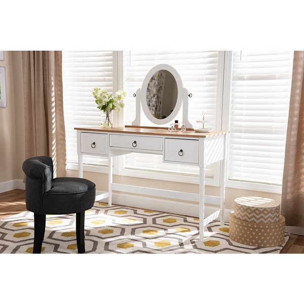 Sylvie Classic White 3-Drawer Vanity Table with Adjustable Mirror | Elegant Wood Makeup Desk