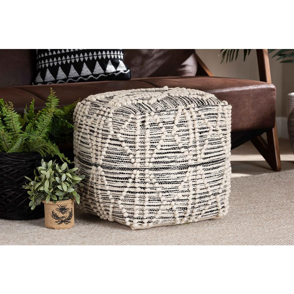 Moroccan Inspired Ivory and Black Handwoven Wool Blend Pouf Ottoman - Cozy, Geometric Design