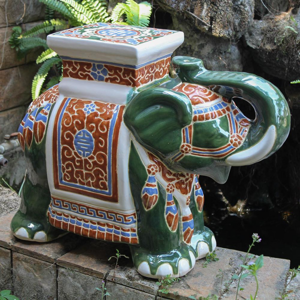 Large Porcelain Elephant Stool-Green | Decorative Garden Stool