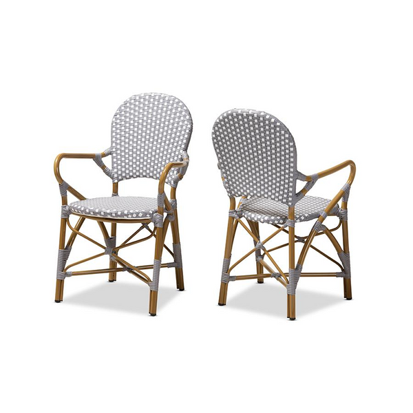 Set of 2 Stackable French Bistro Dining Chairs Aluminum Bamboo Look, Indoor/Outdoor Use