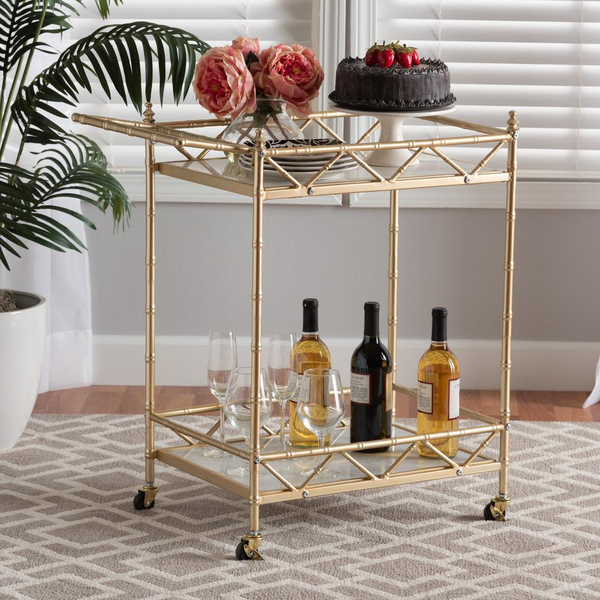 Mela Contemporary Glam and Luxe Gold Metal and White Marble 2-Tier Wine Cart