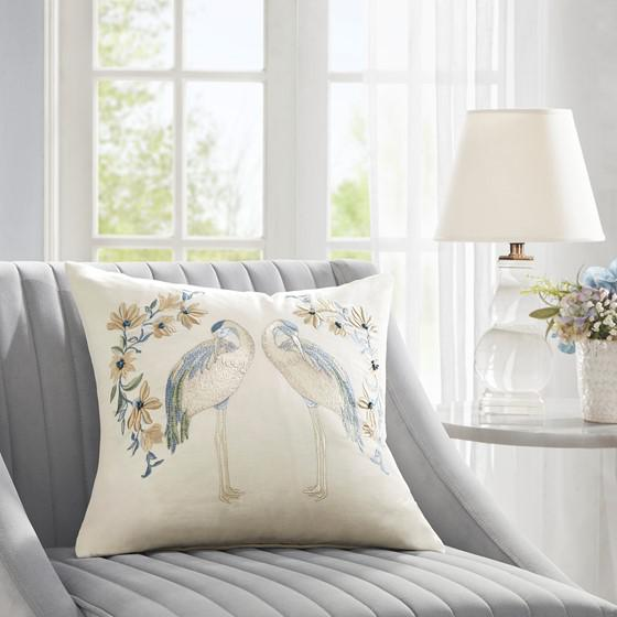 Luxurious Square Decor Pillow with Embroidered Crane & Blossom – Cotton Velvet with Goose Feather Insert