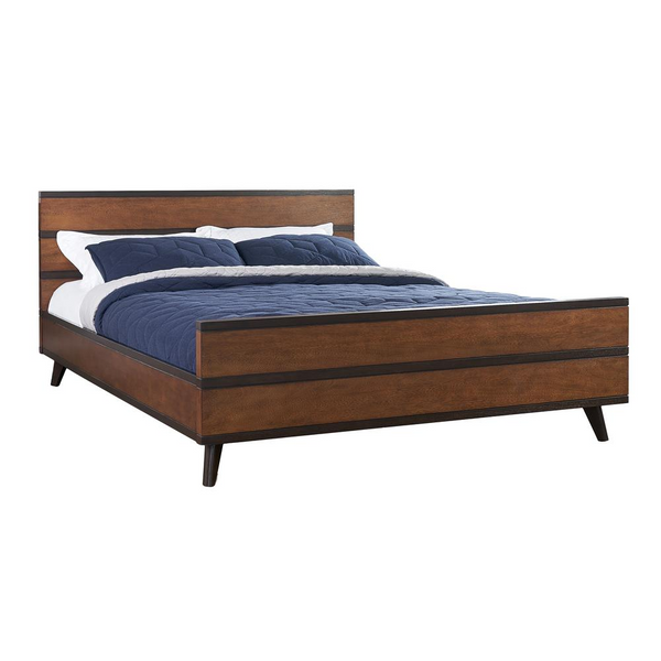 Mid Century Wood Platform Queen Bed with Headboard, Footboard, and Side Rails - Walnut Finish