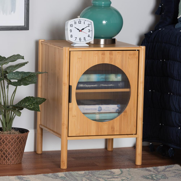 Transitional Natural Brown Bamboo Wood 1-Door End Table