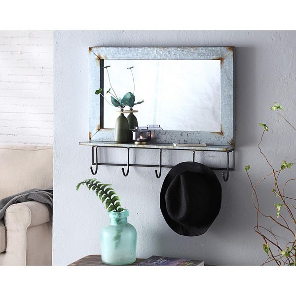 Abbey Collection Mirror - Rustic Farmhouse Frame with Hooks and Shelf