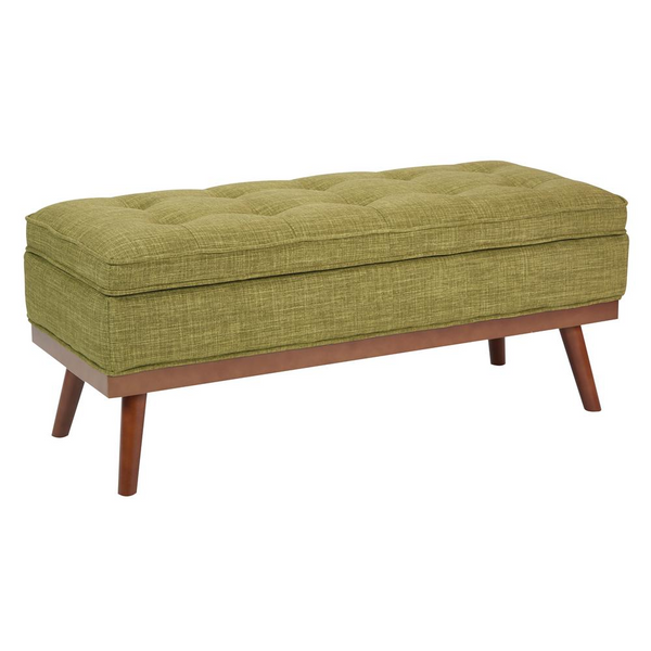 Katheryn Storage Bench in Green Fabric with Nail-Head Accents and Light Espresso Legs