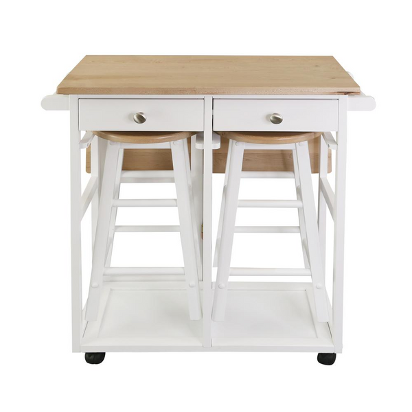 Stylish Breakfast Cart with Drop-Leaf Table, American Maple Top, White