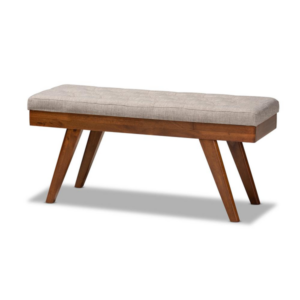 Alona Mid-Century Modern Light Grey Fabric Upholstered Wood Dining Bench