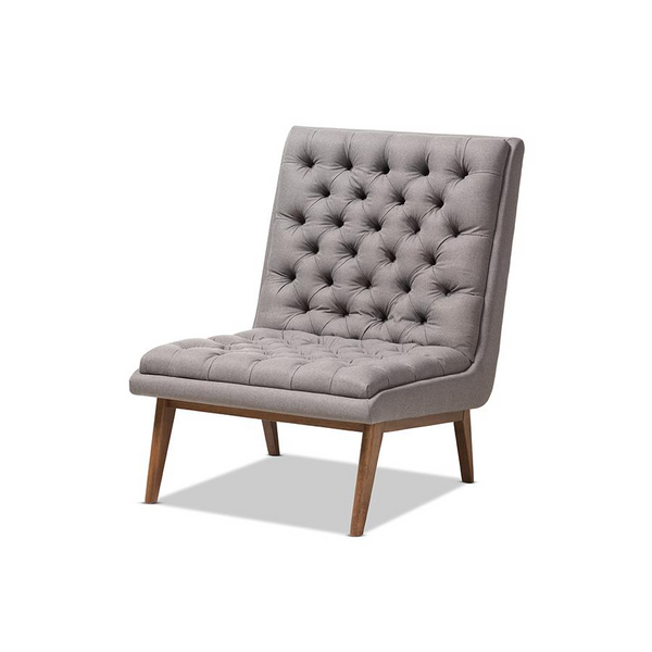 Elegant Grey Fabric Upholstered Walnut Finished Wood Lounge Chair - Mid-Century Modern