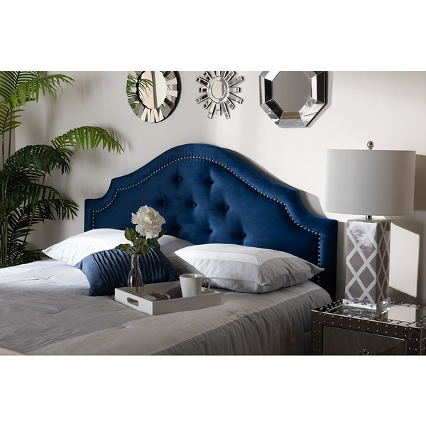 Luxurious Royal Blue Velvet Upholstered Queen Size Headboard with Button-Tufting and Silver Nailhead Trim