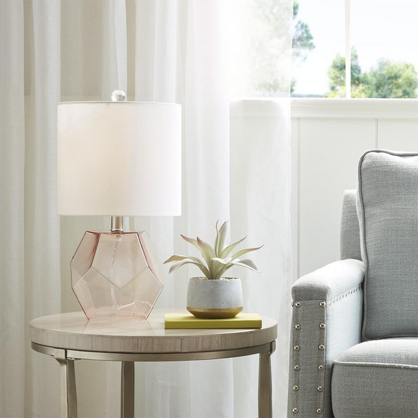 Design Bella Table Lamp - Pink Glass Base, White Drum Shade, Elegant Home Decor