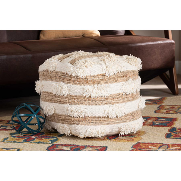 Moroccan Inspired Natural and Ivory Handwoven Wool Blend Pouf Ottoman - Cozy and Stylish Home Decor