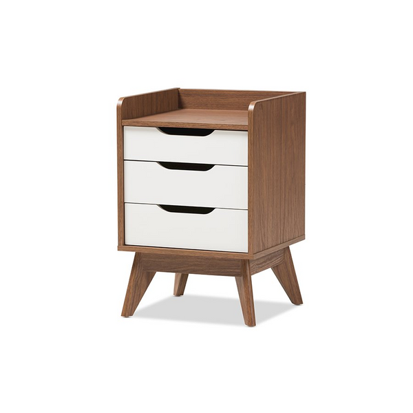 Brighton Mid-Century Modern 3-Drawer Nightstand in White and Walnut