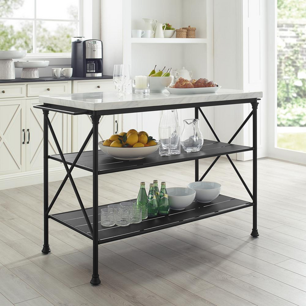 Madeleine Kitchen Island Matte Black - French Industrial Design with Steel Base and Faux Marble Countertop