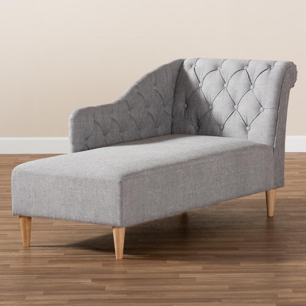 Grey Fabric Upholstered Oak Finished Chaise Lounge - Elegant and Comfortable