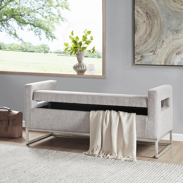 Madison Park Crawford Storage Bench | Upholstered Storage Bench with Open Sides and Metal Base