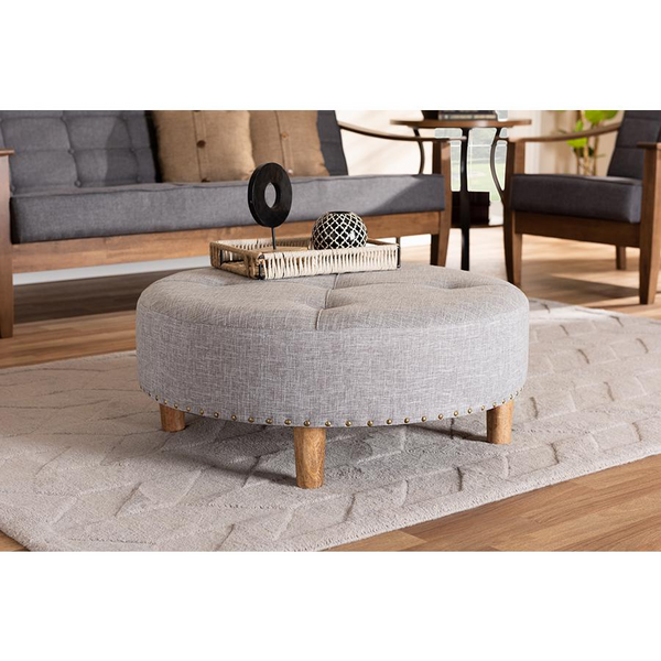 Light Gray Fabric Upholstered Natural Wood Cocktail Ottoman - Chic & Versatile Furniture | Vinet