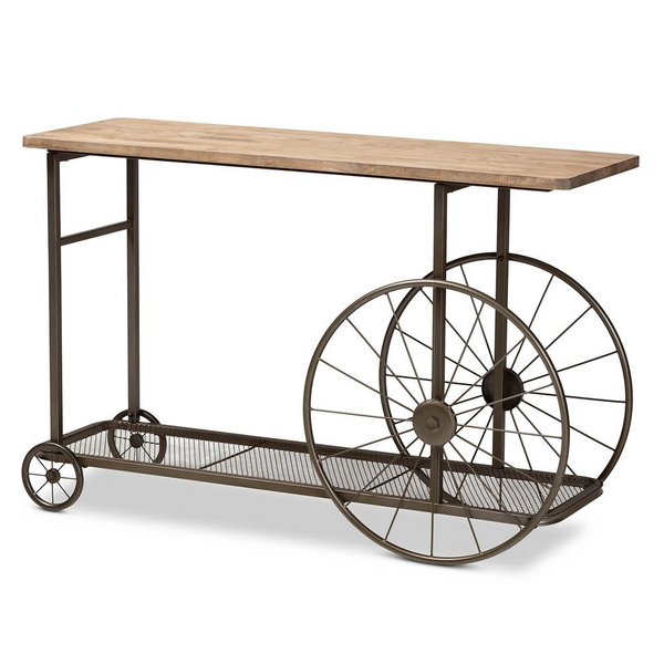 Black Finished Metal Wheeled Console Table - Rustic Industrial Charm with Practical Storage