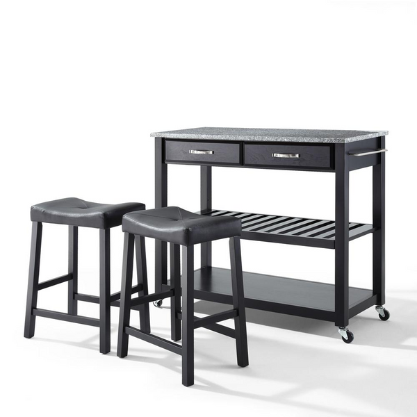 Granite Top Kitchen Prep Cart with Upholstered Saddle Stools - Black/Gray | Kitchen Island & 2 Counter Stools