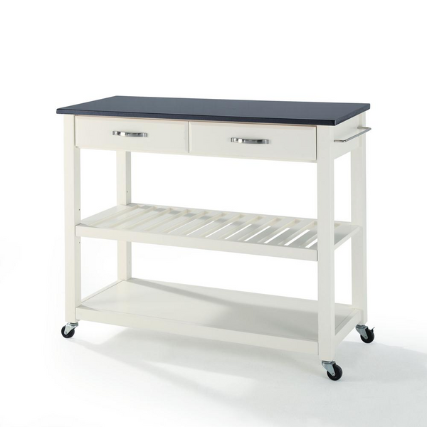 Granite Top Kitchen Prep Cart with Storage Drawers - White/Black Finish