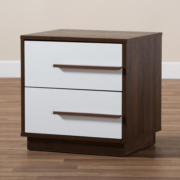 Elegant Two-Tone White and Walnut 2-Drawer Wood Nightstand - Stylish Bedroom Furniture