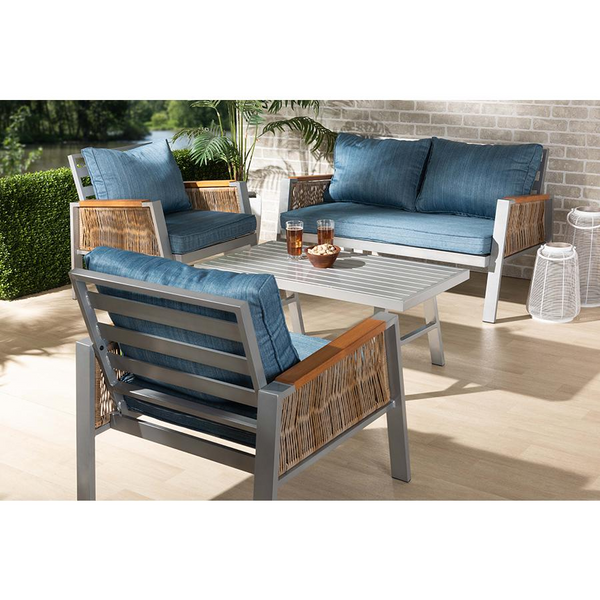 Metal with Brown Finished Rattan 4-Piece Outdoor Patio Lounge Set