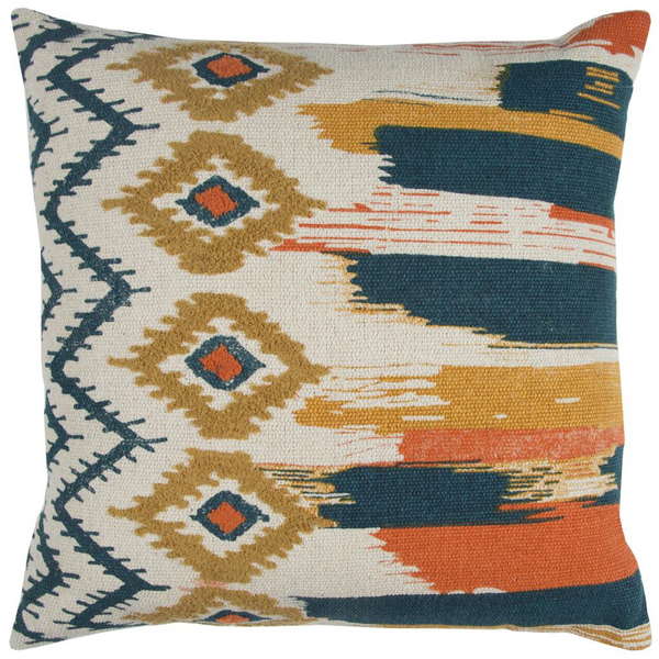 20" x 20" Poly Filled Pillow - Rizzy Home Ivory, Blue, Orange, and Gold Square Abstract Throw Pillow