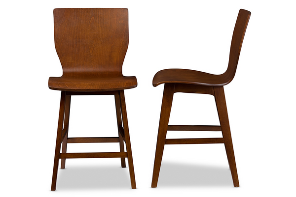 Scandinavian Style Dark Walnut Bent Wood Counter Stool Set - Mid-Century Modern Elegance (Set of 2)