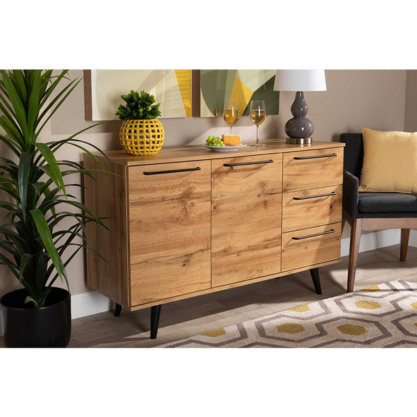 Transitional Oak Brown Finished Wood 3-Drawer Sideboard Buffet - Contemporary Design