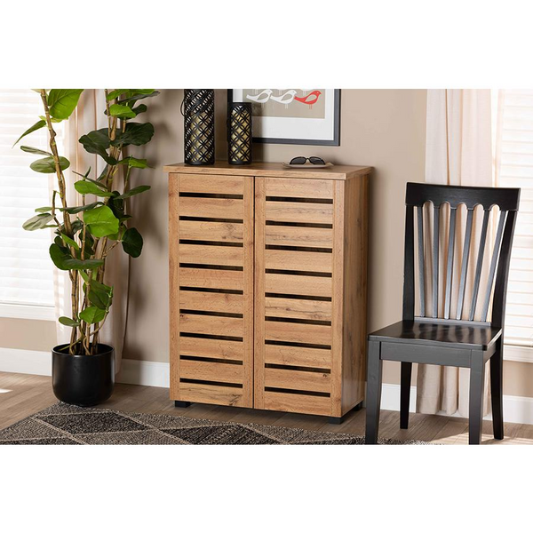 Oak Brown Finished Wood 2-Door Shoe Storage Cabinet | Modern Entryway Organizer