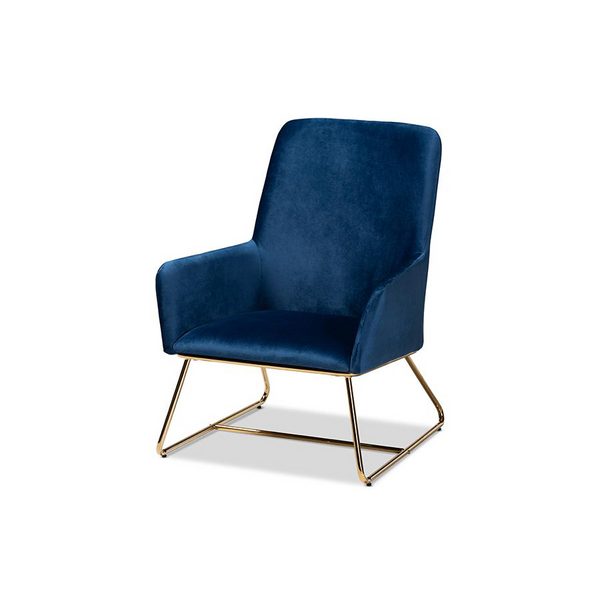 Sennet Navy Blue Velvet Upholstered Armchair with Gold Finished Legs - Glam and Luxe