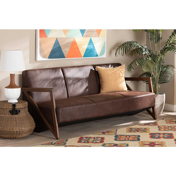 Leather Effect Fabric Upholstered Sofa with Walnut Brown Finished Wood | Mid-Century Modern Design