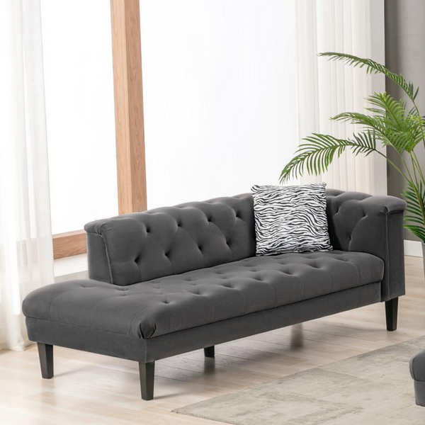 Mary Dark Gray Velvet Tufted Chaise with Accent Pillow