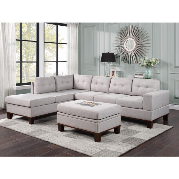 Hilo Light Gray Fabric Reversible Sectional Sofa with Dropdown Armrest, Cupholder, and Storage Ottoman - Versatile and Modern Living Room Furniture