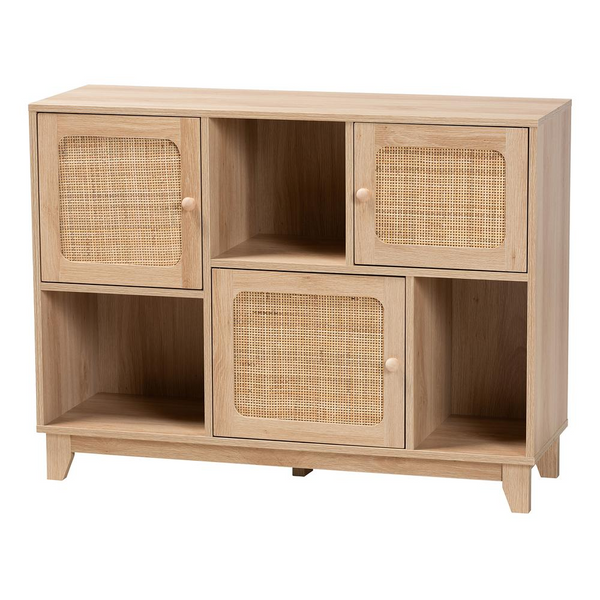 Light Brown Wood & Natural Rattan 3-Door Sideboard – Elegant Mid-Century Modern Storage