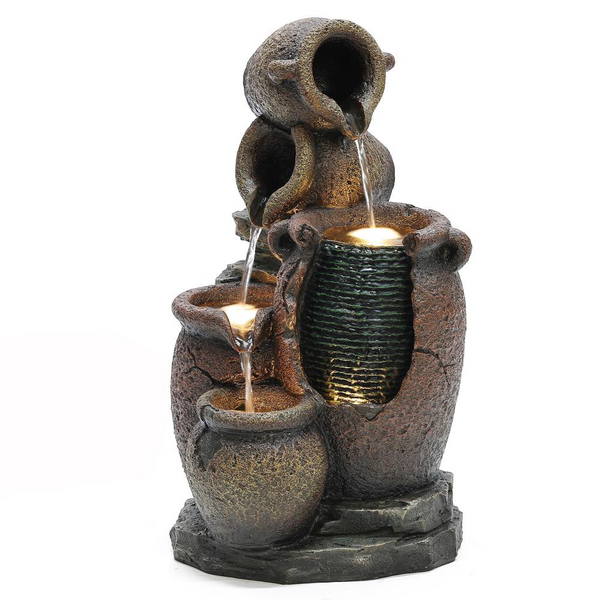 Rustic Brown Urns Resin Outdoor Fountain with LED Lights - Elegant Garden Water Feature