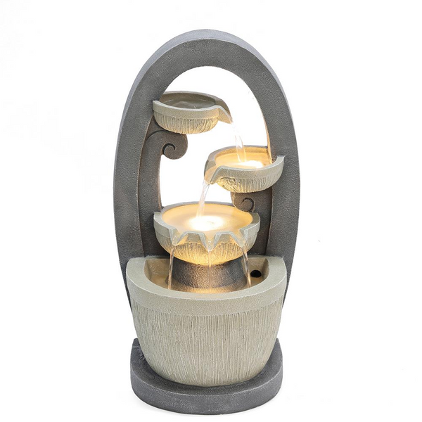 Gray Oval Cascading Bowls Resin Outdoor Fountain with LED Lights - Elegant Garden Water Feature