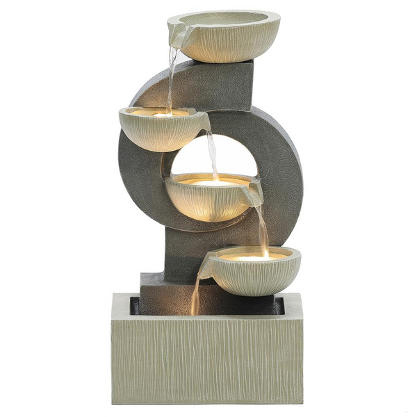 Gray Curves and Cascading Bowls Resin Outdoor Fountain with LED Lights - Tranquil Modern Water Feature