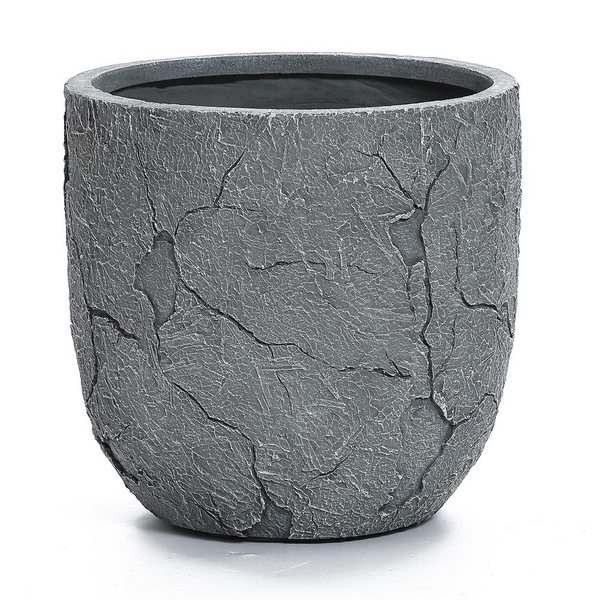 Crackle Gray MgO 14.6" Round Planter - Rustic Crackle-Texture Pattern