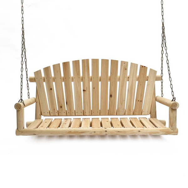 Natural Unfinished Wood Log Cabin Porch Swing with Chains - Farmhouse-Style Outdoor Swing for Relaxation and Comfort