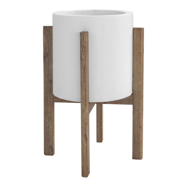 Everest Small Round Planter Cream White - Modern Acacia Wood Base, Light Ivory Concrete, Water Drainage