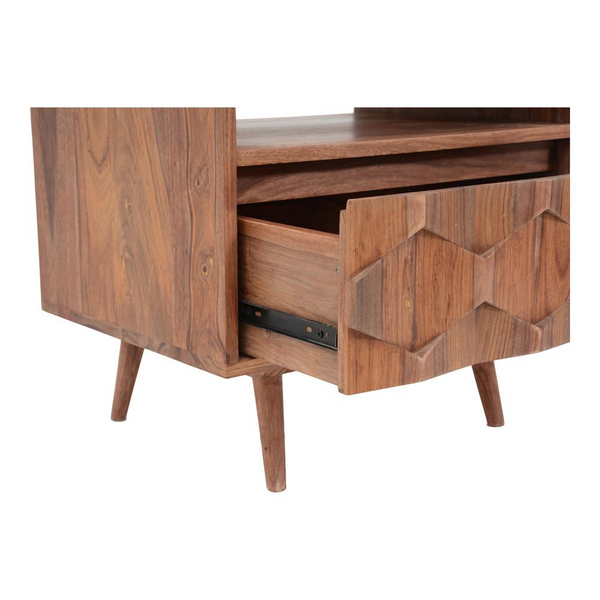 O2 Nightstand Natural - Retro-Inspired Sheesham Wood Nightstand with Intricate Detailing & Ample Storage