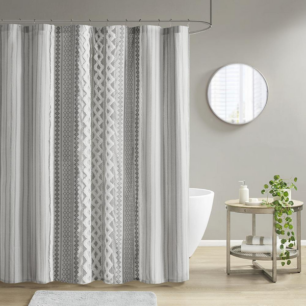 INK+IVY Imani Cotton Printed Shower Curtain with Chenille | 100% Cotton | Globally Inspired Aztec Print | Machine Washable | OEKO-TEX Certified